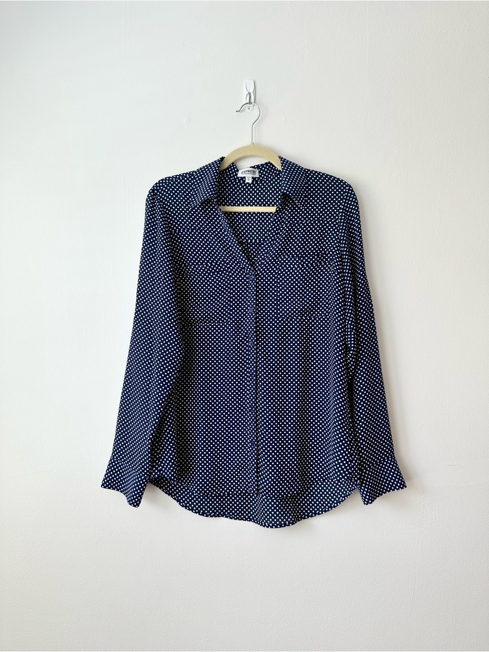 Express Navy and White Polka Dot Button-Down Blouse